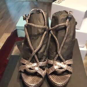 Womens Metallic Taupe Strappy Platform Heels